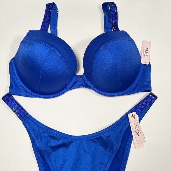Victoria Secret 40C XL SEXY TEE Push Up Bikini Top Bottom Set Shine Strap Blue - Picture 4 of 8